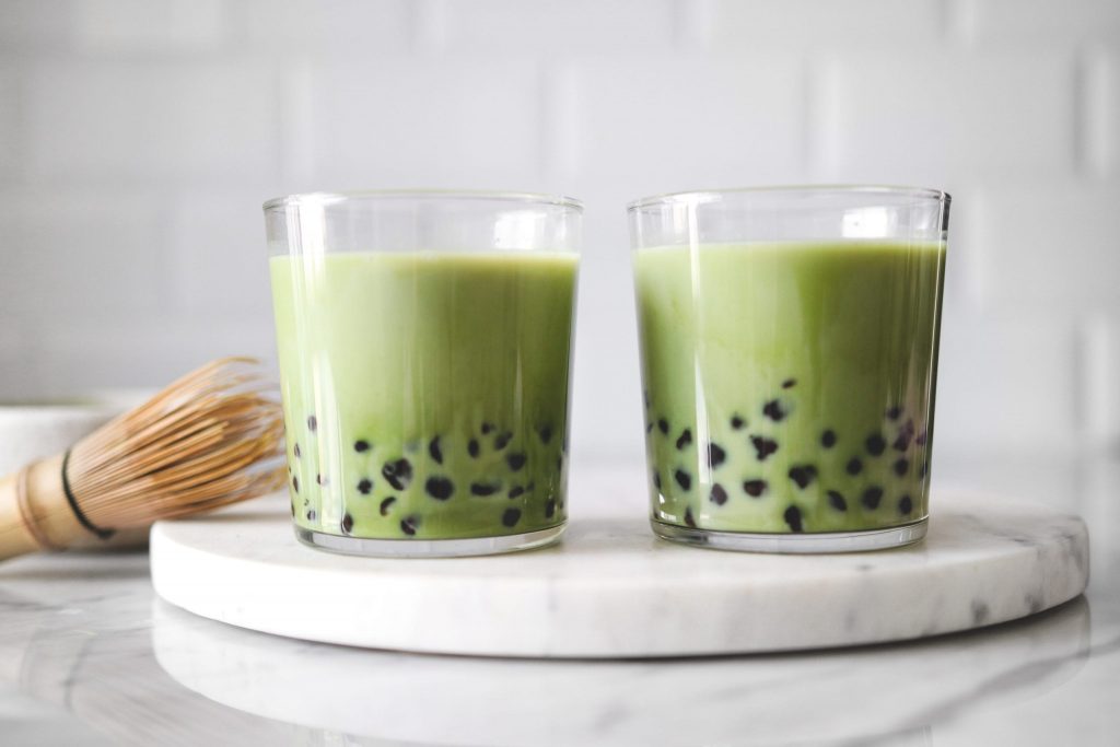 vegan matcha bubble tea with tapioca pearls